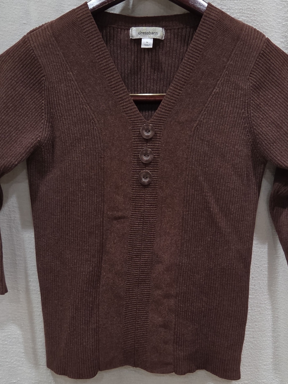 dressbarn Womens M Regular Brown Solid Ribbed Knit V-Neck 3/4 Cardigan Button
